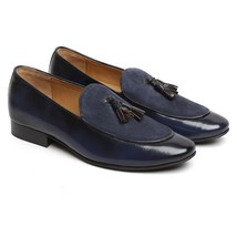 Men&#39;s Tassel Loafer Slip On Shoes Blue Suede Leather Premium Quality Apron Toe - £110.33 GBP