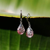 Cats Eye Silver Boho Chic Dangle and Drop Earrings, Pink or White Stone Earrings - £23.65 GBP