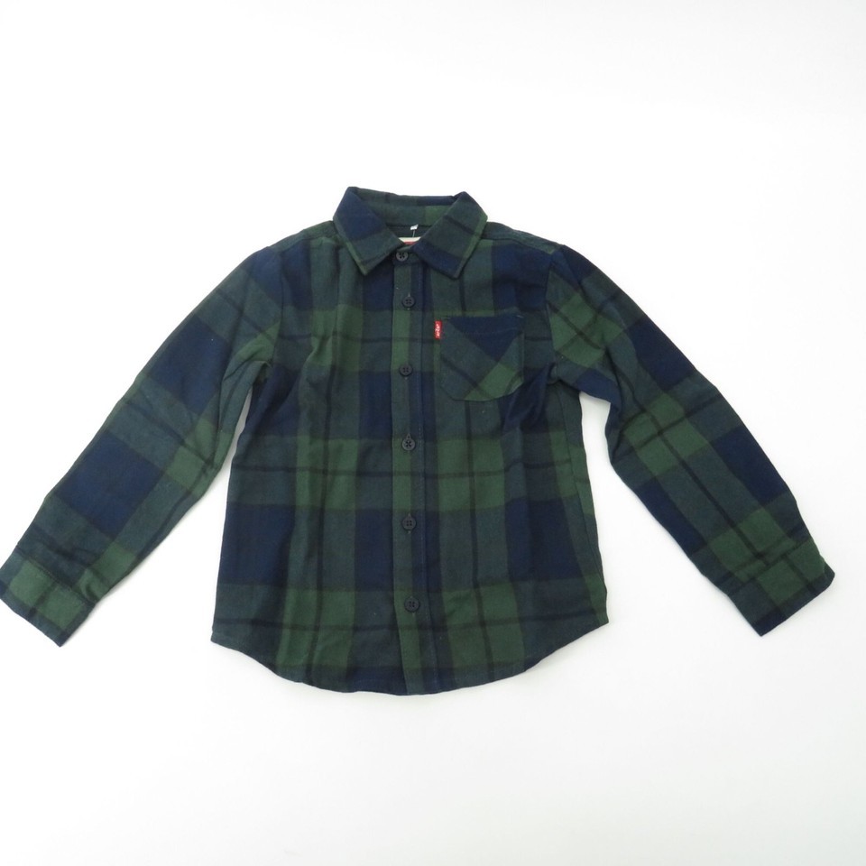 Levi&#39;s Boys Button Up Blue Green Flannel Shirt Small 6/7 NWT $40 - $14.25