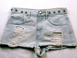 Forever 21 Women&#39;s Booty Jean Shorts Size 27 Solid Blue Studded Distressed - £10.85 GBP