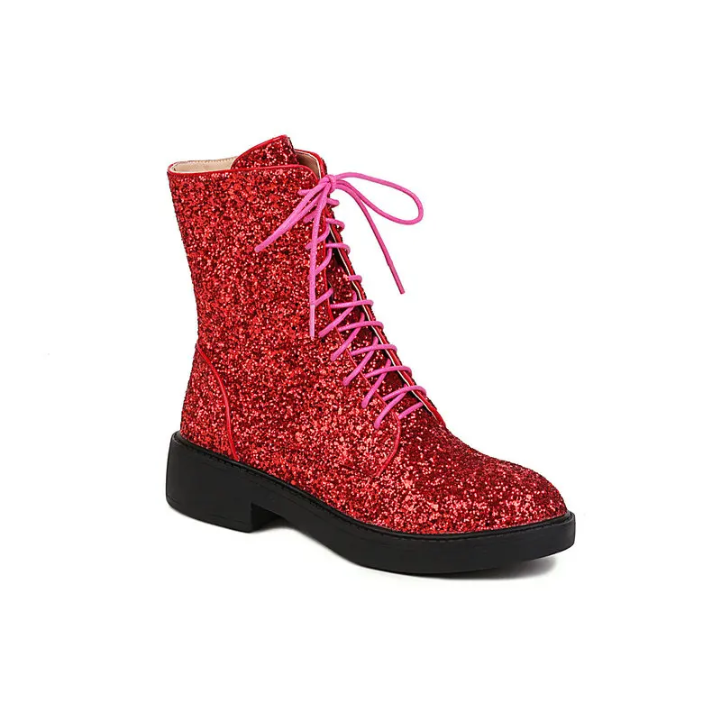 Womens Sparkly Boots  Round Toe  Low Heels  Up Ankle Booties Platform Heels Zapa - $128.25