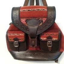 Leather Wool Tweed Suede Artisan Hand Made Red Brown Backpack Bag - $74.25