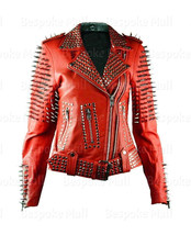 New Woman&#39;s Red Silver Spiked Studded Punk Rock Cowhide Biker Leather Ja... - £367.45 GBP