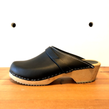 38 / 7.5-8 - Lotta&#39;s Black Leather Slip On Wooden Open Heel Clogs Shoes ... - $50.00