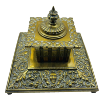 Victorian Inkwell Ornate Brass Circa 1850 Green Man Repousse Square 6w x 5h - $97.02