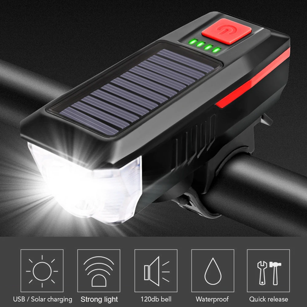 Bike Light Solar USB Rechargeable Double Charging Horn Lamp Waterproof Bicycle - £9.28 GBP