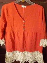 Women&#39;s Umgee 3/4 Length Sleeve V Neck Lace Trim Tunic Blouse Coral Size: Large - £19.78 GBP