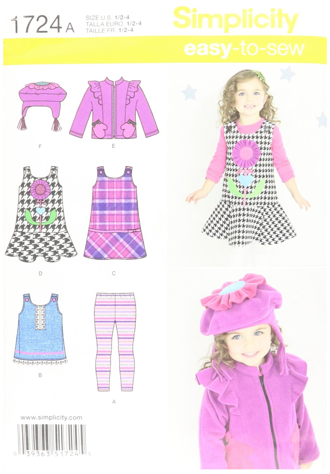 Simplicity Easy-to-Sew Pattern 1724 Toddlers Jumper or Top, Jacket, Fleece Hat a - $6.81