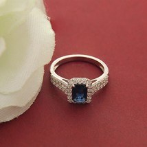 1.25 Ct Emerald Cut Blue Sapphire Round CZ Solitaire Engagement Ring 925 Silver - £87.99 GBP