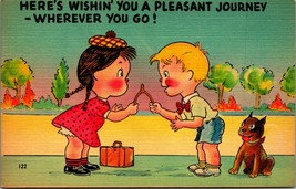 Comic Cute Kids Wishing You a Pleasant Journey Wishbone UNP Linen Postcard E8 - £5.69 GBP