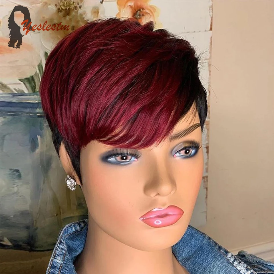 Ombre 1B/99J Red Pixie Short Cut Bob Wigs For Women Remy Human Hair Brazili - £35.58 GBP