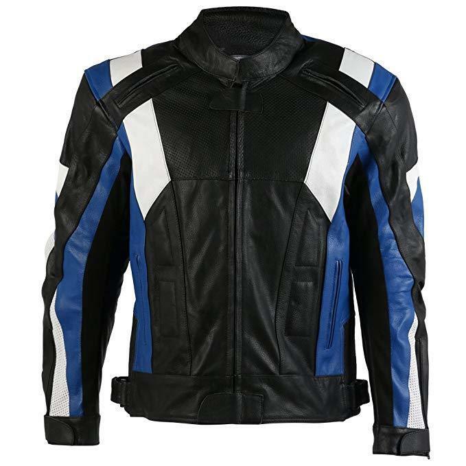 Men Black Blue White Cont Motorcycle Custom Genuine Leather Safety Pads jacket