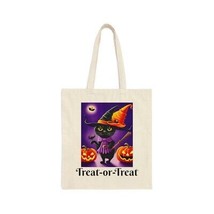 Funny Halloween Black Cat Treat or Treat/ Trick or Treat Cotton Canvas Tote Bag - £14.25 GBP