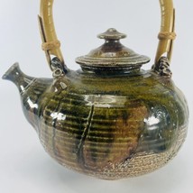 Teapot Bamboo Handle Artist Signed Stoneware Green Brown Vintage Pottery - £36.60 GBP