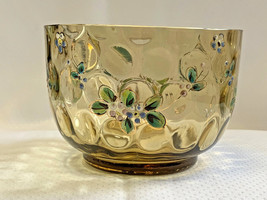 Glass Vtg Thumbprint Design Floral Amber Yellow Candy Nut Soup Bowl Kitchen - £23.85 GBP