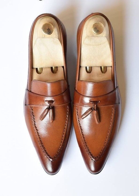Men Brown Tassel Loafer Burnished Pointed Toe Slip On Real Leather Shoes US 7-16