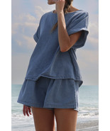 Light Blue Denim Cuffed Sleeve Tee Elastic Shorts Set - $718.38 MXN