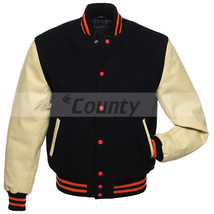 Super Bomber Varsity Letterman Baseball Jacket Black Body Cream Leather Sleeves - £76.72 GBP