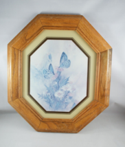 Vintage Octagon Framed Butterflies on Flowers Floral Print Matted 15x13 - £19.11 GBP