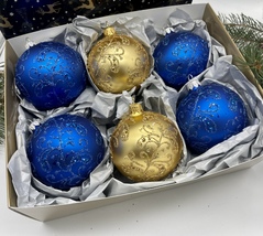 Set of blue and gold Christmas glass balls,hand painted ornament with gifted box - £42.85 GBP