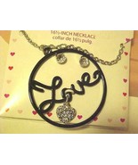 Circle Of Love Necklace Pierced Earrings Boxed Set Black Enamel Metal Rh... - £7.84 GBP