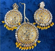 Yellow Mirror Work Round Shape Earrings Wide Tikka Bollywood Jewelry Set Women - £20.71 GBP