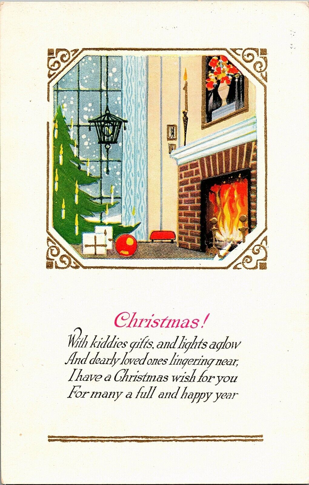 Primary image for Christmas Wish Vintage Postcard Fireplace Living Room Snowing Embossed Greeting