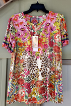 new Johnny Was Women&#39;s Bamboo Blend Wild Garden Printed Puff-Sleeves Flared Tee - £64.93 GBP