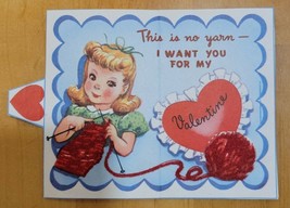 Vintage Valentine Card - &quot;This Is No Yarn&quot; - BI-FOLD Card - Girl &amp; &quot;Fuzzy&quot; Yarn - £5.07 GBP