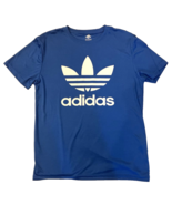 Vintage Adidas T-Shirt Mens Medium Blue Trefoil Big Logo Polyester Perfo... - $22.62