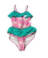 Girls Flamingo Print Ruffled One-Piece Swimsuit Pink &amp; Green Size 10 - $454.28 MXN