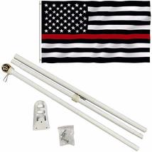 3x5 3&#39;x5&#39; USA Thin Red Line Fire Fighters Flag White 6ft Pole Kit Gold Ball Top - £15.88 GBP