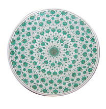 36&quot; Round White Marble Coffee Top Table, Malachite Floral Inlay Marquetry Decors - £1,860.21 GBP