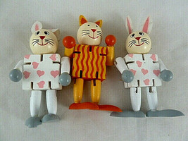 Small wooden toys 2 bunnies 1 cat arms legs head joined with elastic 3+&quot; tall - £11.86 GBP