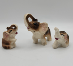 Vintage Porcelain Brown &amp; White Mom &amp; Calf Baby Elephants - Set of 3 - $14.50