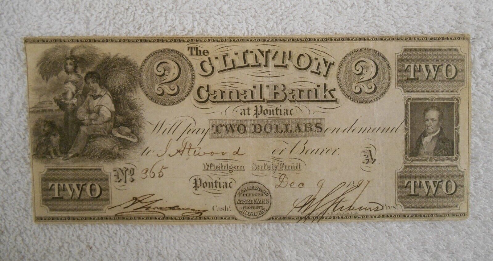 1837 The Clinton Canal Bank at Pontiac, MI - $2 Obsolete Note ( Very Nice ) - $127.39