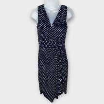RALPH LAUREN navy &amp; white polka dot jersey knit v neck sleeveless dress ... - $37.74