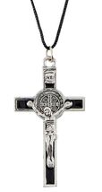 Saint Benedict Black &amp; Silver Crucifix on Cord Necklace, New #AB-292-R2 - €5,14 EUR