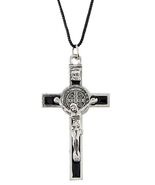 Saint Benedict Black &amp; Silver Crucifix on Cord Necklace, New #AB-292-R2 - $109.41 MXN