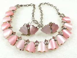 Vintage Coro Pink Thermoset Silver Tone Link Collar Necklace &amp; Clip Earrings Set - £74.90 GBP