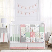 Coral, Mint and Grey Woodsy Deer Girls Baby Bedding 4 Piece Crib Set - £219.17 GBP
