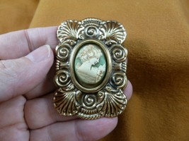 (CS91-35) Small Woman green + ivory oval CAMEO scrolled brass Brooch pin Pendant - £23.15 GBP