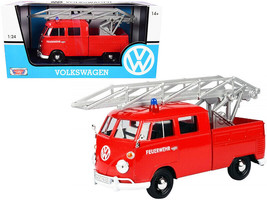Volkswagen Type 2 T1 Fire Truck w Aerial Ladder Feuerwehr Red 1/24 Diecast Car M - £33.77 GBP