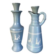 Set Of 2 Grecian Blue Avon &amp; Anchor Hocking Blue Mini Perfume Bottle Vases - $15.14
