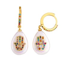 FA Rainbow Fatima Hand Baroque Pearl Earrings Turkish Eye Earring Huggies 24K Go - £11.15 GBP