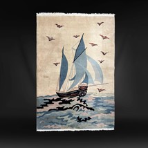 Vintage Chinese Pictorial Wool Rug of Large Ship 6 ft x 9 ft c 1930s - £1,284.10 GBP