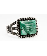VINTAGE NATIVE AMERICAN AZTEC STEARLING SILVER CUFF BRACELET CARVED JADE WARRIOR - $206.89 CAD