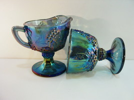 Indiana Grape Carnival Creamer and Sugar Blue Iridescent Footed Lots of Color VF - £18.75 GBP