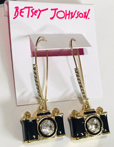 NEW BETSEY JOHNSON GOLD+BLACK TONE,CRYSTALS,VINTAGE CAMERA EARRINGS - £51.35 GBP