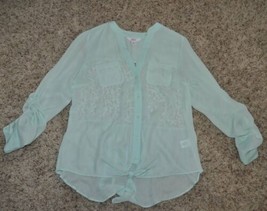 Womens Shirt Button Front Jr Girls Candies Green Lace Long Sleeve Sheer $38-sz M - £10.25 GBP